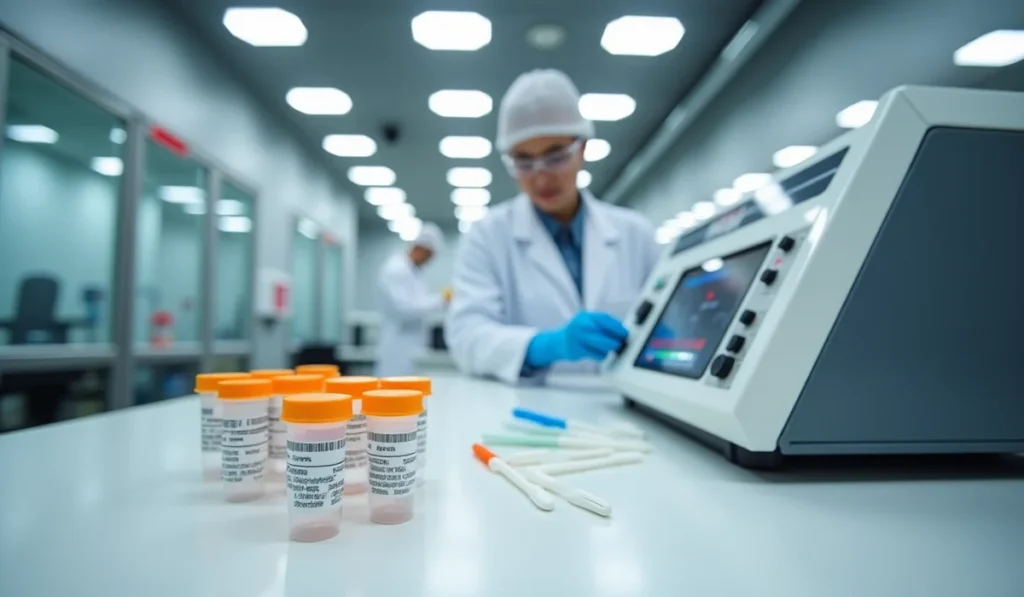 Laboratory technicians conducting federal workplace drug testing with urine and oral fluid samples, using advanced screening equipment in a modern testing facility.