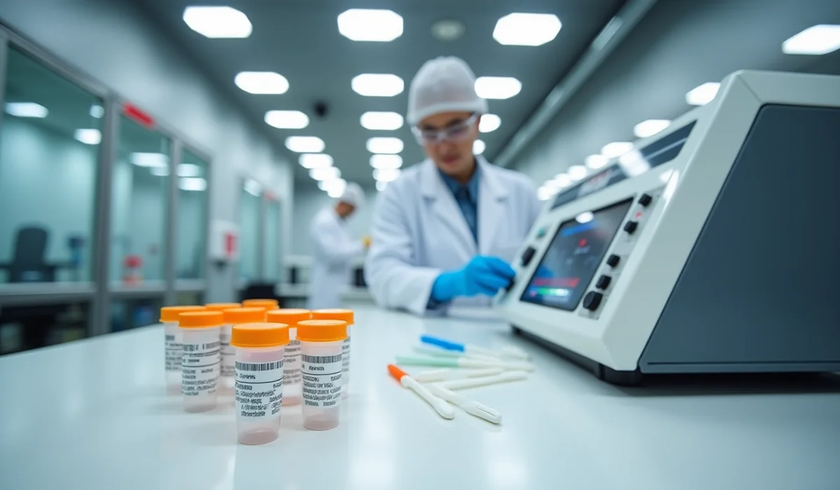 Laboratory technicians conducting federal workplace drug testing with urine and oral fluid samples, using advanced screening equipment in a modern testing facility.